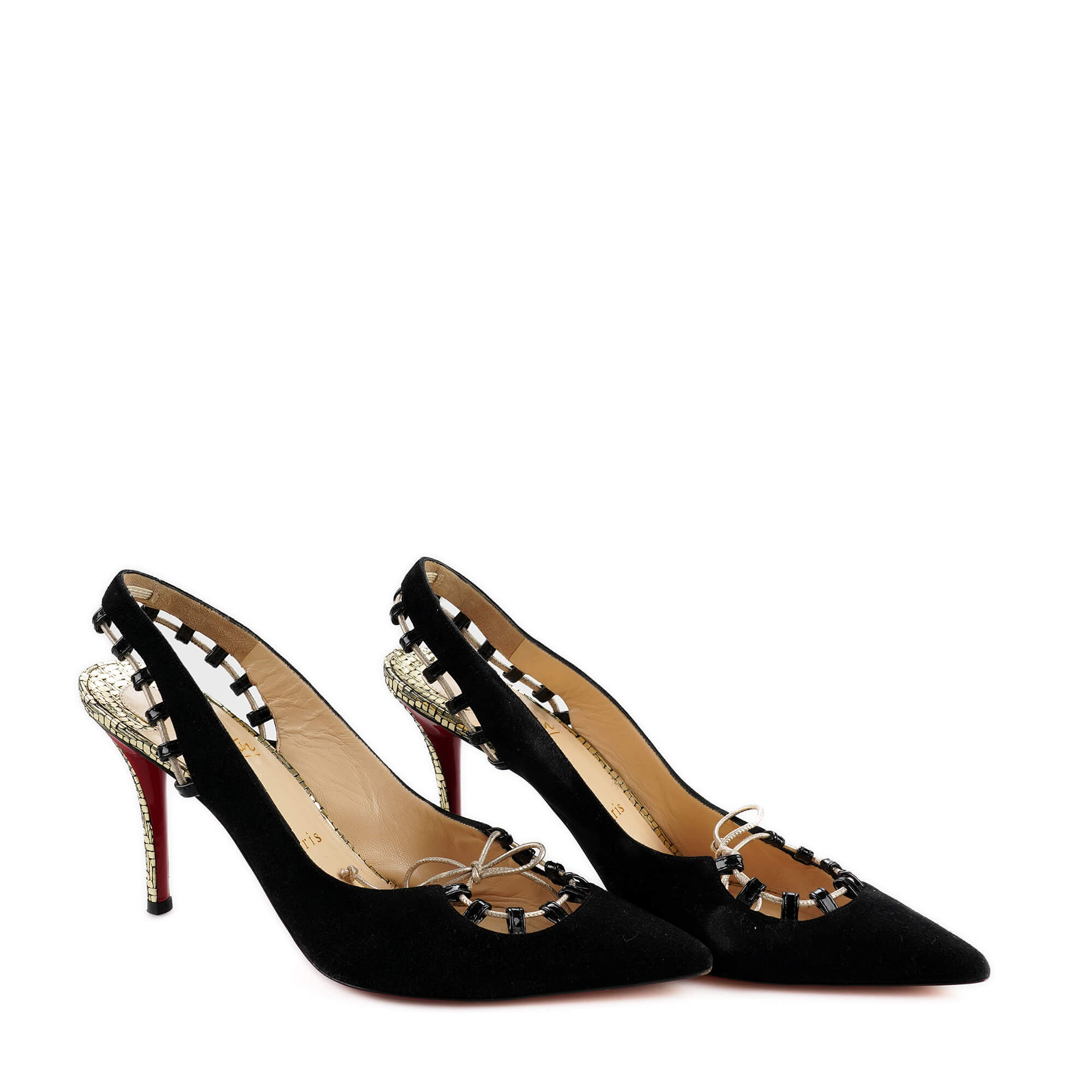 Christian Louboutin - Black Suede and Gold Pumps